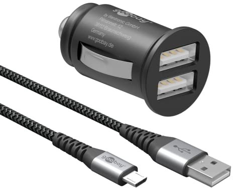 goobay 64806 Dual USB Port Auto Ladegerät USB Zigarettenanzünder Adapter 12V / 24V Kfz Mini USB Adapter Auto Ladestecker USB A Car Charger 15,5W inkl. 1m Micro USB Kabel, Schwarz