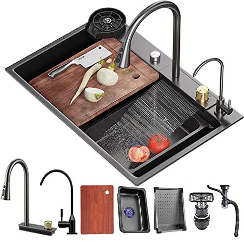 Lavello da cucina Cascata Raindance Nero Acciaio Inox Lavandino Cucina con Rubinetto estraibile con kit di scarico e filtro cestello