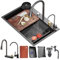 Lavello da cucina Cascata Raindance Nero Acciaio Inox Lavandino Cucina con Rubinetto estraibile con kit di scarico e filtro cestello