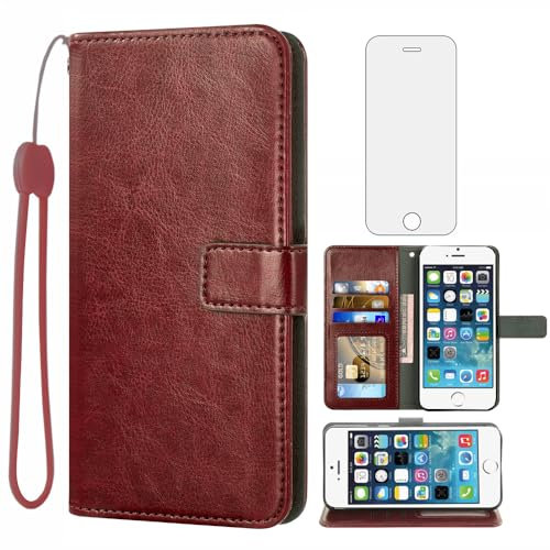 Asuwish Mobile Phone Case for iPhone 5S/5/SE 2016 Case with Screen Protector and Card Slot Foldable Leather Wallet Stand Cover i 5SE 1 S SE2016 1st Generation Mobile Phone Cases Protective Phone Case