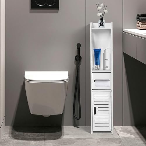 Porte-rouleau de papier toilette sur pied - Armoire de rangement pour papier toilette - Armoire pour espaces étroits - Blanc - 20 x 20 x 80 cm