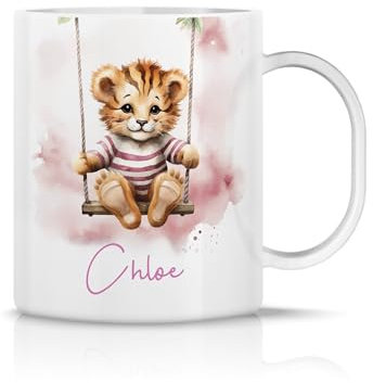 iCaseDesigner Personalised Childrens Polymer Mug - Cute Baby Tiger on a Swing - Pink Theme