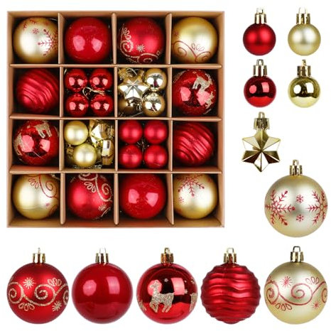 SULOLI Christmas Balls Ornaments Set, 44 Pcs Xmas Shatterproof Plastic Baubles Hanging Balls for Christmas Tree Holiday Party Wedding Decoration (Red & Gold)