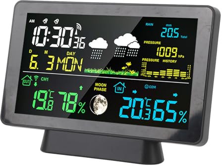 Wetteruhr, Digitaler Wecker mit Wettervorhersage, Temperatur und Luftfeuchtigkeit Im Innenbereich, Mondphase, Batteriestand, Druckaufzeichnung, Wetterstation für den Heimgebrauch
