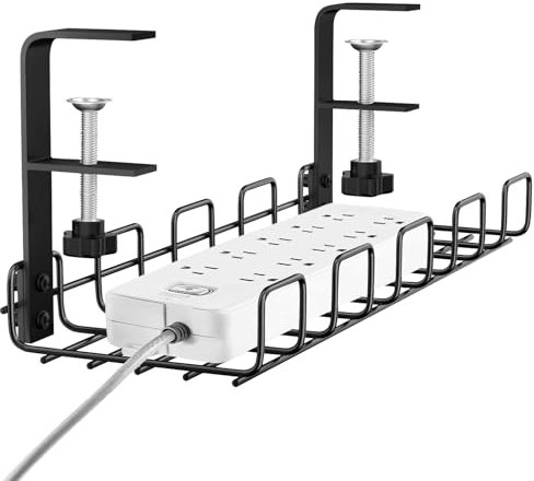 Under Desk Cable Management Tray No Drill, Cable Tray Under Desk, Metal Standing Desk Wire Organizer Basket Clamp for Office Home Cord Tidy Rack, Black,1PCS
