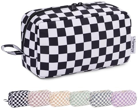 Narwey Kulturtasche Damen Kosmetiktasche Make up Tasche Damen Kulturbeutel Schminktasche Kleine, Makeup Tasche Makeup Bag (Schwarzes Schachbrett-1,Groß)