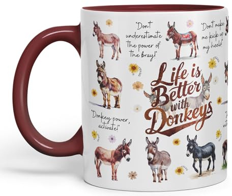 Vixar Life Better with Donkeys Joke sarkasm Sarcastic Ceramic Coloured Mug Cup for Tea Coffee Hot Brew 330ml 11Oz Gift (Maroon)