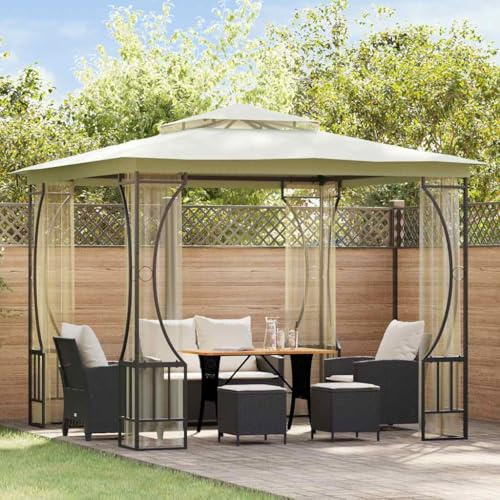 Massbinet Wasserdicht Stabil Winterfest Garten Pavillion mit seitenwänden Plane Gartenlaube Metallrahmen Patio Gazebo Insektenschutzmittel Pavillon mit Netz 300x300x265 cm Creme