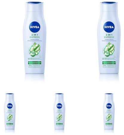 NIVEA 2in1 Express Shampoo & Spülung (250 ml), intensive Haarpflege mit Aloe Vera und Glanz Serum, Haarshampoo & Spülung für schnelle, unkomplizierte Pflege (Packung mit 5)