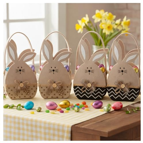 com-four® 4x Niedliche Filztaschen - Filzkorb in Osterhasen-Form zum Befüllen und Verschenken - süße Osterdekoration (04 Körbe - Häschen mit Feder)