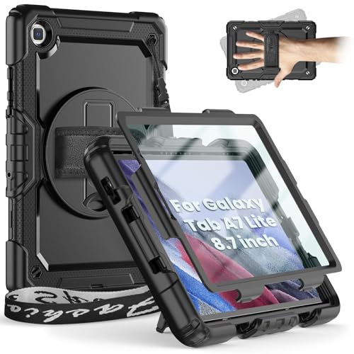 Timecity Case for Samsung Galaxy Tab A7 Lite Case 8.7 Inch (SM-T220 /T225 /T227), Shockproof Cover with Screen Protector, 360 Rotating KickStand & Hand Strap, for Galaxy A7 Lite, Black