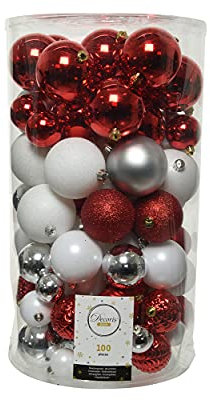 Weihnachtskugeln Kunststoff 4cm - 8cm Mix 100 Stück Set mit Glitzer (rosarot weiß Silber)