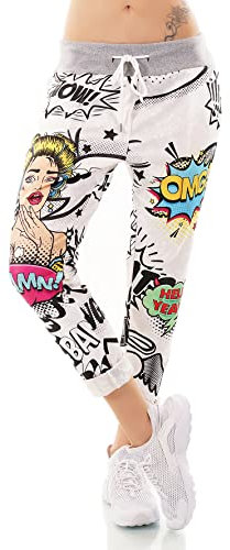 Italy Damen Hose Jogpants Baggy Boyfriend Freizeithose Comic Cartoon Schrift 36-40 (Schwarz)
