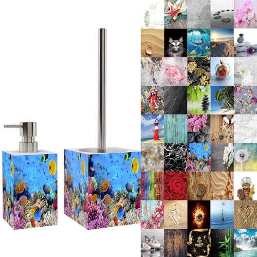 Sanilo Badezimmer Set, Seifenspender und WC Bürste mit Motiv, große Auswahl, Klobürste ohne Bohren, schöne Designs (Ocean)