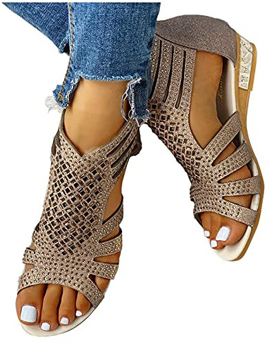 Hufu Women's Crystal Gladiator Sandals, Ladies Fashion Open Toe Sandals, Boho Rhinestone Cut Out Back Zip Up Wedge Sandal, Breathable and Non-Slip Beach Shoes, Gold, 6