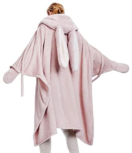 SMIUPIN Couverture Douce à Porter avec Oreilles de Lapin, Couverture avec Boutons, Cape à Capuche Confortable pour Les Femmes (Rose)