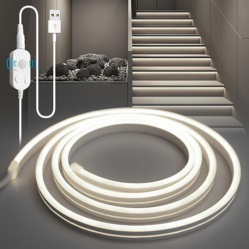 YOODI Ruban LED avec Détecteur de Mouvement, 2M Blanc Froid Bande de Led à Gradation Continue Flexible PVC Découpable, Bandeau LED avec Minuterie pour Escaliers, Chambre à Doucher, Armoire, Cuisine