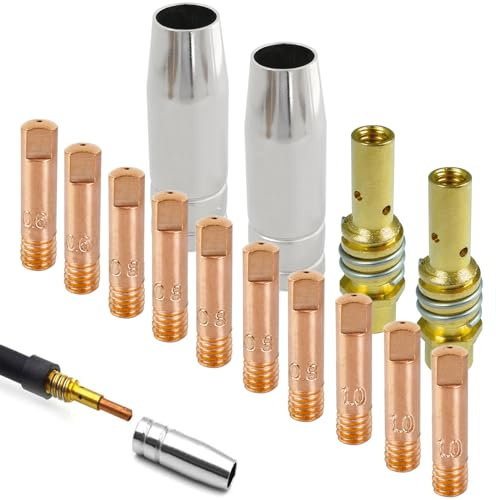 ZFKXGS 14PZ Accessori per Saldatura a Filo a Gas di Protezione Parti Usurate Kit 10 Ugello Saldatrice Filo 0,6 0,8 1,0MM 2 Ugelli per Gas 2 Porta Punte Diffusore per Consumabili Torcia MB15AK MIG MAG