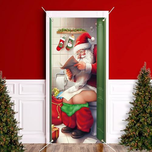 200 x 90 cm Weihnachten Tür Abdeckung Dekoration Haustür Decke Wand Hängen Banner Fotografie Hintergrund für Weihnachtsfeier Feiertag Winter Neujahr Toilettentür Deko (Weihnachtsmann auf der Toilette)