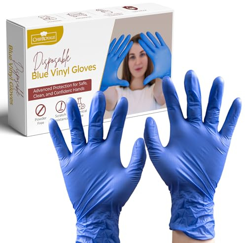 CHEF ROYALE Pack of 200 New Blue Vinyl Gloves - latex free gloves Surgicals Powder Free Medical Vinyl Gloves Large Multi Use Food Prep Gloves - Bulk Quantity Available (200, Large)