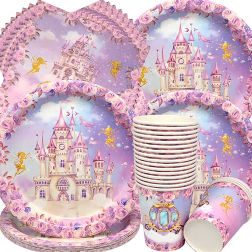 Vaisselle de Fête Anniversaire Château,Doyomtoy 60 Pièces Princesse Vaisselle Papier Set Château Assiettes en Papier Serviettes Tasses pour Fête à Thème Baby Shower Décorations Fête d'Anniversaire