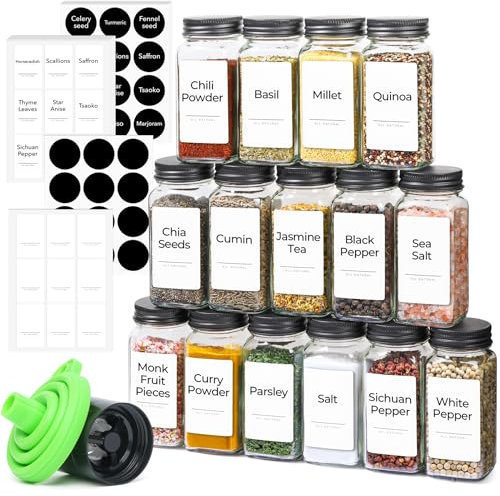 ComSaf 15Pcs 4oz/120ml Glass Spice Jars with Shaker Lids, 93 Labels, a Handy Funnel, a Pepper Grinder, Empty Spice Containers and Square Spice Bottles for Kitchen and Seasoning