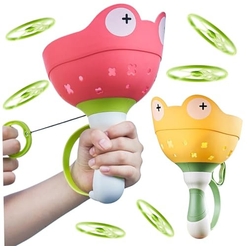 Naisicatar 2pcs Flying Disc Toy, Flying Disc Launcher Toy für Kids 3+, Plastikfliegerspinnerspielzeug mit 12 Flying Disc, Manuell Flying Saucer Toy mit Pull Ring für Mädchen Jungen