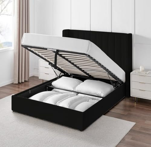 MOORCROFT BEDS Ottoman Storage Bed Frame Soft Plush Velvet Upholstered Bed Gas Lift Up Storage (Black, Small Double 4FT With Gas Lift Storage)