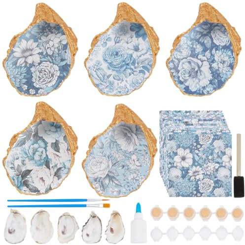 WEBEEDY DIY 5 Set Blue Rose Oyster Shell Ring Dish DIY Aesthetic Jewelry Tray Summer Jewelry Display Holder Earring Necklace Dish Tray Kit Small Trinket Tray Jewelry Dish for Women Friend on Birthday