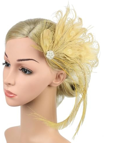 Haarspange for Frauen, Pfauenfeder, mit Perlen, Strass, for lateinamerikanische Tanzpartys, Fascinator, Hochzeit, Braut, Haar-Accessoires(Champagne)