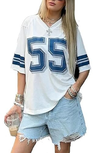 Übergroße Jersey-Shirts für Damen, Nummer-Grafik-T-Shirt, V-Ausschnitt, halbe Ärmel, Y2K, Streetwear, E-white55, S