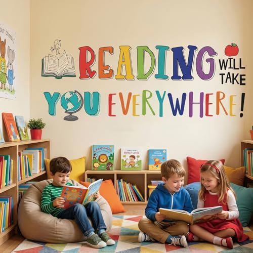 DECOWALL Reading Corner Inspirational Quote Wall Stickers Decals (DS9-8092) | Reading Will Take You Everywhere quote with books, globe and apple; peel and stick removable décor for classroom or library