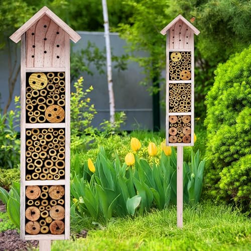 Holz Insektenhotel mit Erdspieß 78 cm - beige - Garten Deko Insektenhaus zum Aufstellen - Bienenhotel Hummelhaus Holzhaus Nisthilfe für Bienen Hummeln Florfliegen Schmetterling