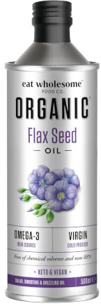 Eat Wholesome Organic Flax Seed Oil, 500ml - Cold Pressed, Unrefined, High Source of Omega 3, 100% Pure & Natural, For Smoothies, Salads, Skincare & Hair, Vegan