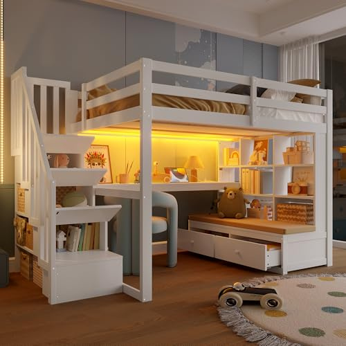 LANTRO JS Hochbett 140x200 mit Schreibtisch und Treppe, Kinderhochbett mit Regalen und Stauraum, Kiefer Hochbett Kinder, LED-Kopfteil, Multifunktionales Design, Weiß