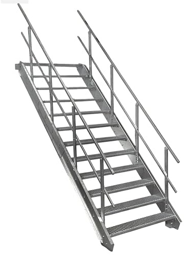 SRM Design 12 Stufen Stahltreppe Breite 80 cm verzinkt 2X Geländer | Geschosshöhe 180 - 240 cm robuste Außentreppe Geschosstreppe Wangentreppe stabile Industrietreppe Außenbereich