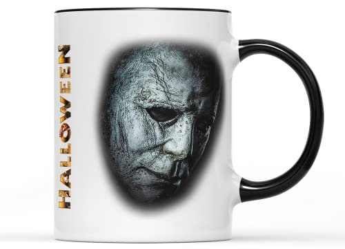 SmartyPants Halloween Mystery Slasher Mug Tea Coffee Cup - Black Horror Thriller Murderer Michael Myers Mask Scary Goth Cult Classic Film Movie Cinema Vintage Design Gift (Black Handle Prime)