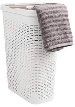 Mind Reader Slim Laundry Hamper with Lid, 40L Clothes Basket, Premium Wicker Design, Plastic, White