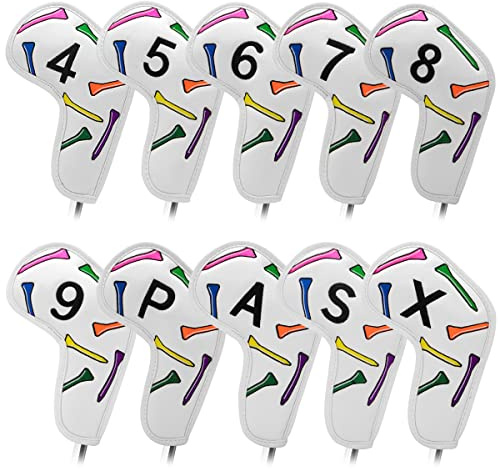 Montela Golf Eisenabdeckungen 10 Stück Eisenabdeckungen für Golfschläger, Eisen-Schläger, Premium-Leder, Golfschlägerhauben, bunte Tees, Golfschläger, Kopfabdeckungen für Eisen, passend für Titleist Taylormade Callaway Ping