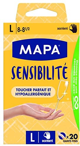 Mapa - Sensibilité - Gants Fins en Vinyle Non Poudrés - Recyclables avec TerraCycle - Hypoallergéniques - 1 boîte de 20 gants - Taille L, Ecru