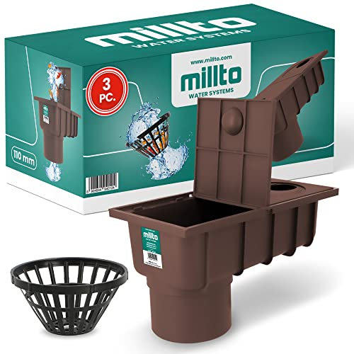 Millto 3X Regensinkkasten mit Sieb 110mm Regenwasserablauf Dachrinnenablauf Hofablauf Entwässerung Abflusstrichter Gully Siphon Gechteckiger Kontrollschacht Rückstauverschluß Geruchsklappe