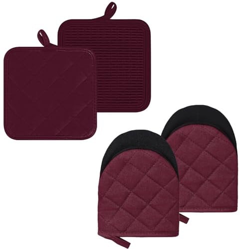 Oven Gloves and Pot Holders Set, Oven Gloves Heat Resistant, Home Essentials Pack of 4, No-slip Kitchen Accessories, Silicone Oven Mitts Double, BBQ Cooking Gloves Microwave Machine Washable