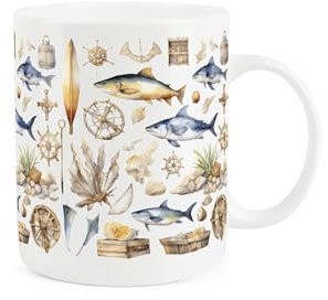 Purely Home Seaside Maritime Aquatic Mug - Sailing Fishing Diving Gift Present - Tea Coffee White Bone China Mug