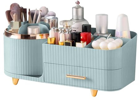 DASITON Rotating Makeup Organizer for Vanity with Drawers,Large Capacity Cosmetic Display Case with Makeup Brush Holder,Skincare and Cosmetic Organizer for Lipstick,Skincare,Brushes,Eyeshadow(Green)