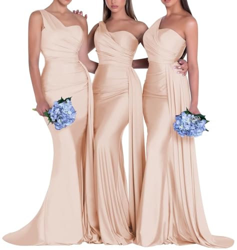 Générique Robes de Demoiselle d’Honneur à Une épaule pour Les Robes de Bal en Satin de sirène de Mariage Longue traîne Haute Fourche Robes de soirée Formelles Rose Gold M
