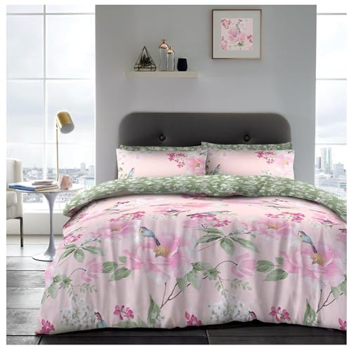 Lions Complete Bedding Set - Flower Printed Duvets Cover with Matching Pillowcase, Ultra Soft Reversible Poly Cotton Quilt Covers for Girls Women, Single Double King (Pink/Green, King)