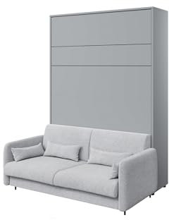 MEBLINI Schrankbett mit Sofa Bed Concept - Wandbett mit Lattenrost - Klappbett mit Schrank - Wandklappbett - Murphy Bed - BC-01-140x200cm Vertikal - Grau Matt/Grau mit Matratze