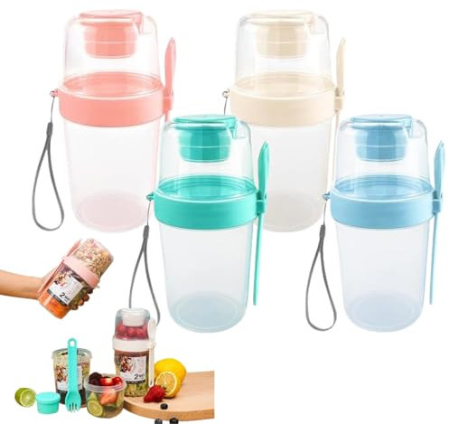MHwan Tazas de Cereales To Go, 4 Piezas Tazas de Yogurt To Go Resistentes y Anticaídas de Doble Capa de 800ml, Diseño de Caja de Inmersión Independiente en la Parte Superior, Sin BPA con Cuchara