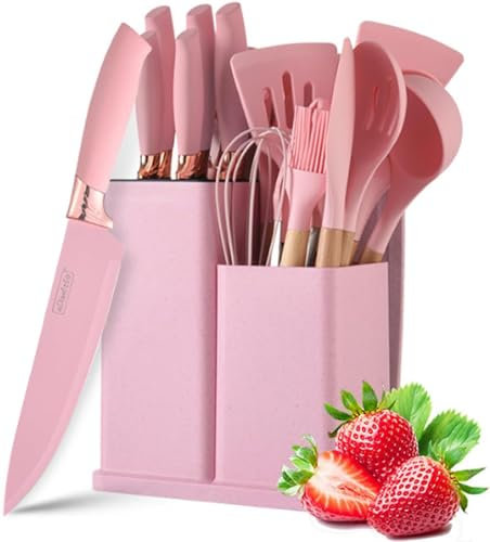 19 PCS Non-Stick Silicone Cooking Utensils Set with Knife Set and Holder, Wooden Handle Silicone Kitchen Gadgets, Best Kitchen Tools (Pink)
