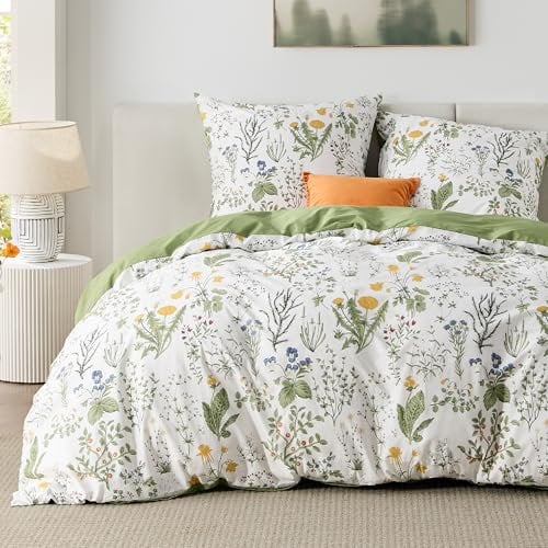 BEDSURE Bettwäsche 200x200 Baumwolle Grün - Bettwäsche-Sets 200 x 200 cm Bettbezug 3teilig mit 2 Kissenbezüge 80x80 cm, Wendebettwäsche Bedding Salbeigrün Blumen Muster mit Reißverschluss